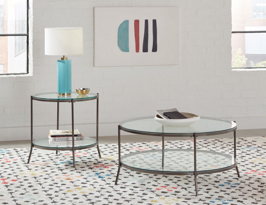 Glass Top Round End Table Table in Black Nickel and Clear - HER Home Design Boutique